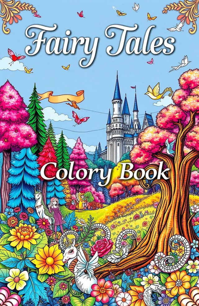 A beautifully illustrated coloring book cover featuring enchanting fairy tale elements