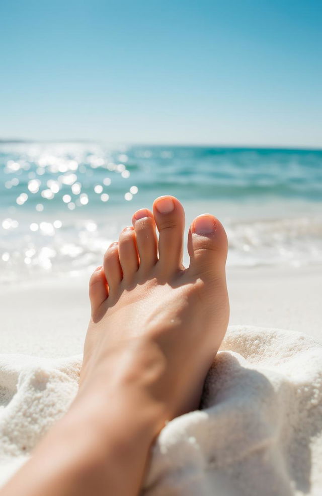 A close-up of bare toes gently buried in fine white sand on a sunny beach