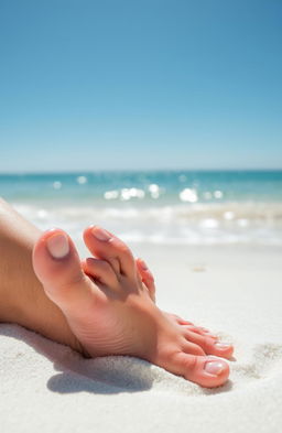 A close-up of bare toes gently buried in fine white sand on a sunny beach