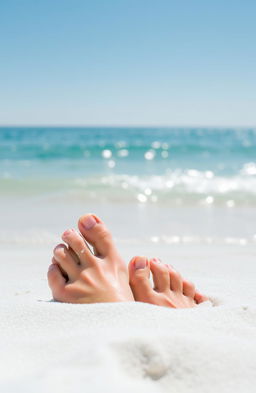 A close-up of bare toes gently buried in fine white sand on a sunny beach