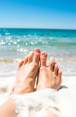 A close-up of bare toes gently buried in fine white sand on a sunny beach
