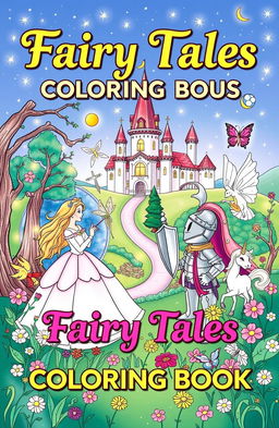 A beautifully illustrated cover for a fairy tales coloring book, featuring whimsical scenes of classic fairy tale characters such as a princess in a flowing gown, a brave knight in shining armor, enchanted forests with sparkling fairy lights, and a charming castle in the background