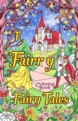 A beautifully illustrated cover for a fairy tales coloring book, featuring whimsical scenes of classic fairy tale characters such as a princess in a flowing gown, a brave knight in shining armor, enchanted forests with sparkling fairy lights, and a charming castle in the background