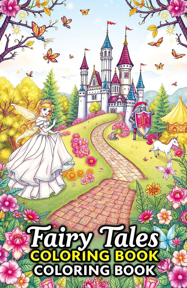 A beautifully illustrated cover for a fairy tales coloring book, featuring whimsical scenes of classic fairy tale characters such as a princess in a flowing gown, a brave knight in shining armor, enchanted forests with sparkling fairy lights, and a charming castle in the background