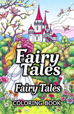 A beautifully illustrated cover for a fairy tales coloring book, featuring whimsical scenes of classic fairy tale characters such as a princess in a flowing gown, a brave knight in shining armor, enchanted forests with sparkling fairy lights, and a charming castle in the background