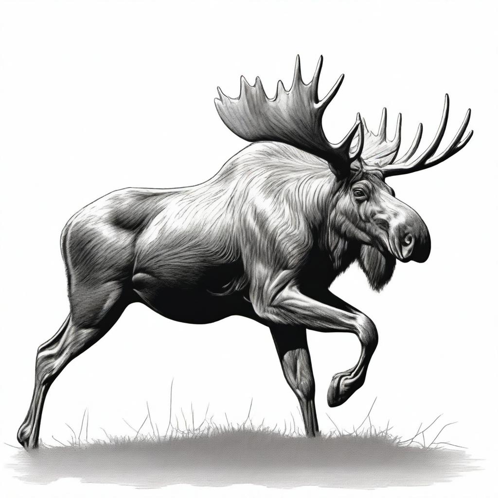 A highly detailed, realistic illustration of a full-bodied moose, outlined in black, either leaping or walking, set against a clean white background