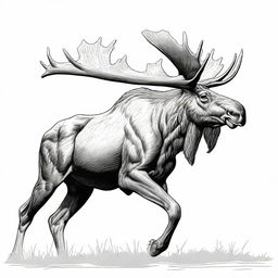 A highly detailed, realistic illustration of a full-bodied moose, outlined in black, either leaping or walking, set against a clean white background