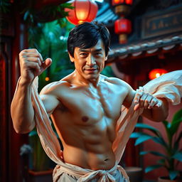 A semi-naked Jackie Chan in a dramatic pose, showcasing his impressive physique and martial arts skills, set in an exotic, vibrant location reminiscent of a classic erotic movie