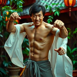 A semi-naked Jackie Chan in a dramatic pose, showcasing his impressive physique and martial arts skills, set in an exotic, vibrant location reminiscent of a classic erotic movie