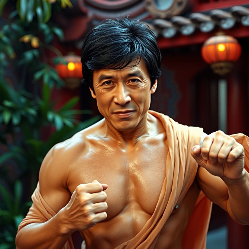 A semi-naked Jackie Chan in a dramatic pose, showcasing his impressive physique and martial arts skills, set in an exotic, vibrant location reminiscent of a classic erotic movie