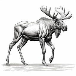 A highly detailed, realistic illustration of a full-bodied moose, outlined in black, either leaping or walking, set against a clean white background