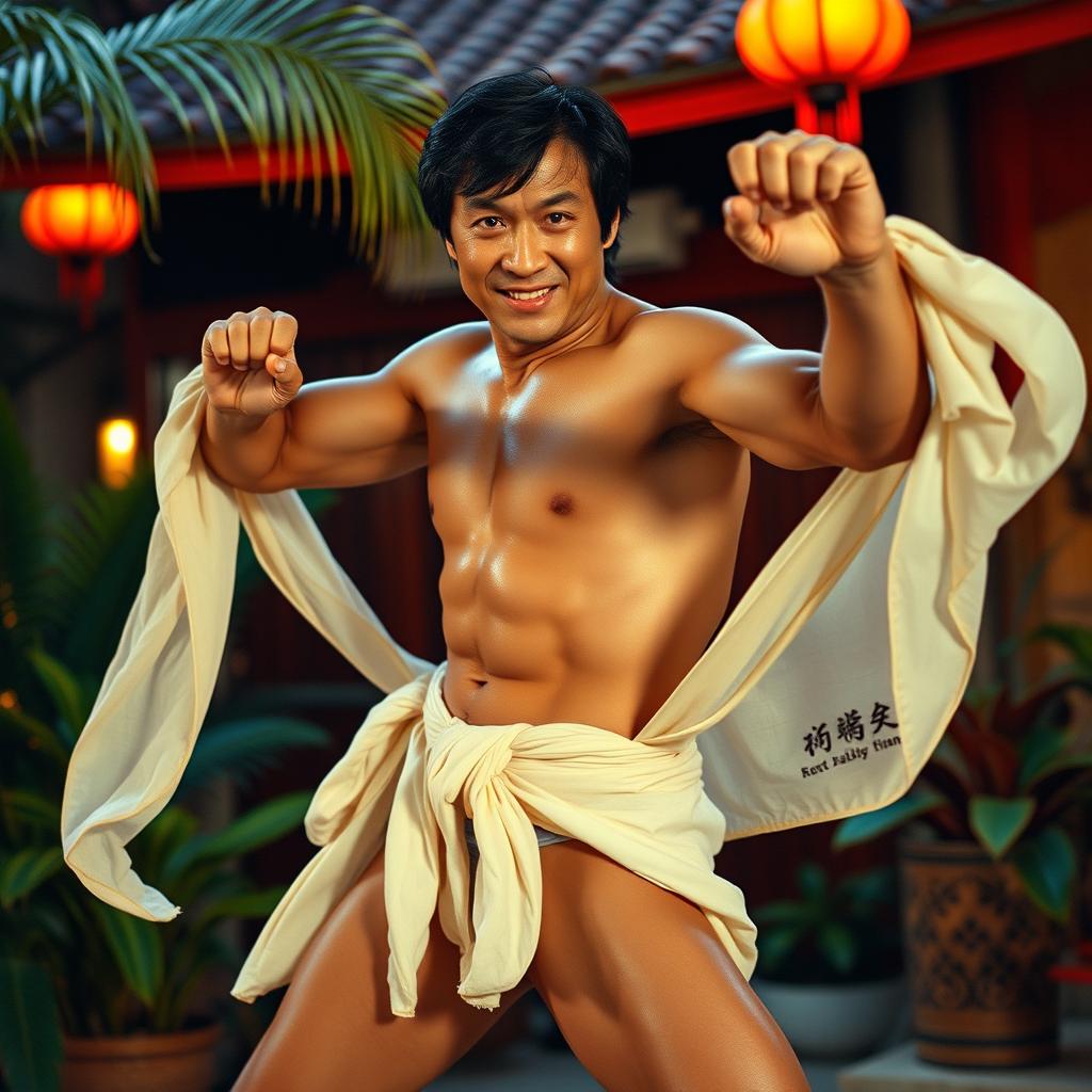 A semi-naked young Jackie Chan in a dynamic pose, showcasing his athletic build and martial arts prowess, set in a vibrant and exotic environment typical of a classic erotic movie