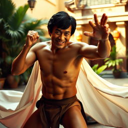 A semi-naked young Jackie Chan in a dynamic pose, showcasing his athletic build and martial arts prowess, set in a vibrant and exotic environment typical of a classic erotic movie