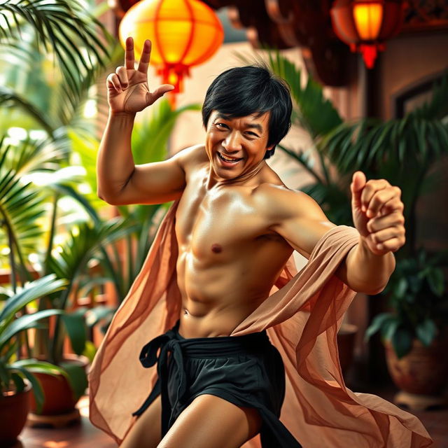 A semi-naked young Jackie Chan in a dynamic pose, showcasing his athletic build and martial arts prowess, set in a vibrant and exotic environment typical of a classic erotic movie