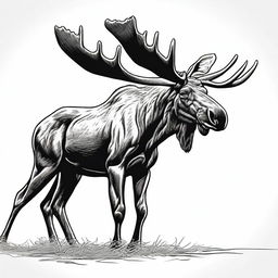 A highly detailed, realistic illustration of a full-bodied moose, outlined in black, either leaping or walking, set against a clean white background