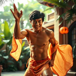 A semi-naked young Jackie Chan in a dynamic pose, showcasing his athletic build and martial arts prowess, set in a vibrant and exotic environment typical of a classic erotic movie