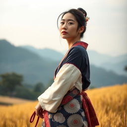 A beautiful and elegant Japanese woman, 23 years old, originating from a poor farming family in Yamagata