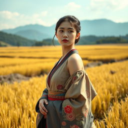 A beautiful and elegant Japanese woman, 23 years old, originating from a poor farming family in Yamagata