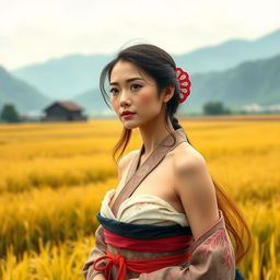 A beautiful and elegant Japanese woman, 23 years old, originating from a poor farming family in Yamagata