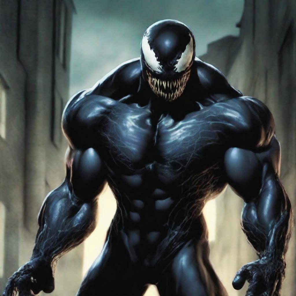 Generate a high resolution image of Venom, a classic Marvel anti-hero, menacingly standing in a dark alley under a moonlit sky