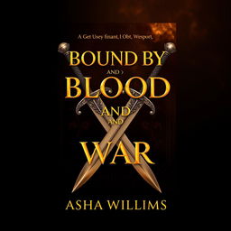 A fantasy book cover design titled "Bound by Blood and War" by Asha Williams, featuring breathtaking gold font for an eye-catching title