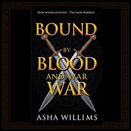 A fantasy book cover design titled "Bound by Blood and War" by Asha Williams, featuring breathtaking gold font for an eye-catching title