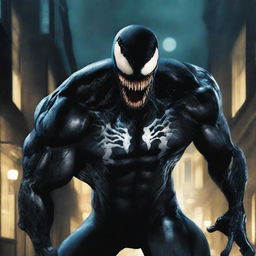 Generate a high resolution image of Venom, a classic Marvel anti-hero, menacingly standing in a dark alley under a moonlit sky