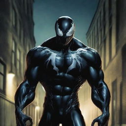 Generate a high resolution image of Venom, a classic Marvel anti-hero, menacingly standing in a dark alley under a moonlit sky