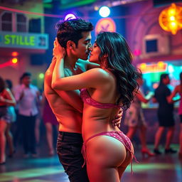 An energetic and romantic salsa dance scene featuring a cute 18-year-old girl inspired by Indian actress Ileana, wearing a stylish bikini bottom