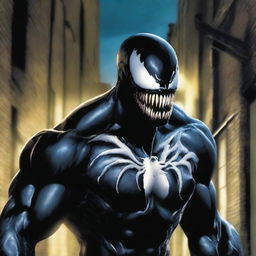 Generate a high resolution image of Venom, a classic Marvel anti-hero, menacingly standing in a dark alley under a moonlit sky