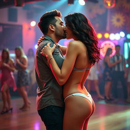 An energetic and romantic salsa dance scene featuring a cute 18-year-old girl inspired by Indian actress Ileana, wearing a stylish bikini bottom