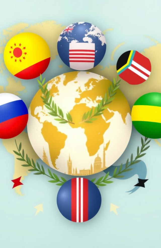 An abstract representation of foreign policy, featuring interconnected globes symbolizing different countries, with vibrant colors flowing between them to represent diplomacy