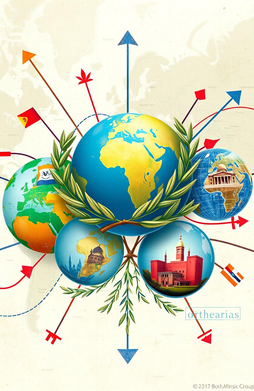 An abstract representation of foreign policy, featuring interconnected globes symbolizing different countries, with vibrant colors flowing between them to represent diplomacy