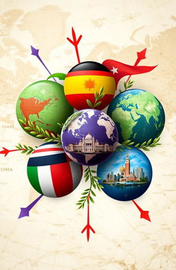 An abstract representation of foreign policy, featuring interconnected globes symbolizing different countries, with vibrant colors flowing between them to represent diplomacy