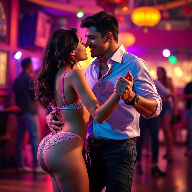 An energetic salsa dance scene featuring a cute 18-year-old girl inspired by Indian actress Ileana, in a vibrant setting