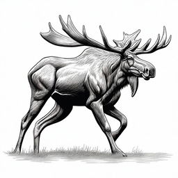 A highly detailed, realistic illustration of a full-bodied moose, illustrated merely by a black contour, shown in either leaping or walking motion, set against a pure white backdrop