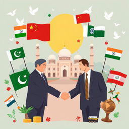 An illustrative depiction of the foreign policy of Pakistan, showcasing important elements such as diplomats shaking hands, representing international relations