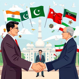 An illustrative depiction of the foreign policy of Pakistan, showcasing important elements such as diplomats shaking hands, representing international relations