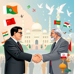 An illustrative depiction of the foreign policy of Pakistan, showcasing important elements such as diplomats shaking hands, representing international relations