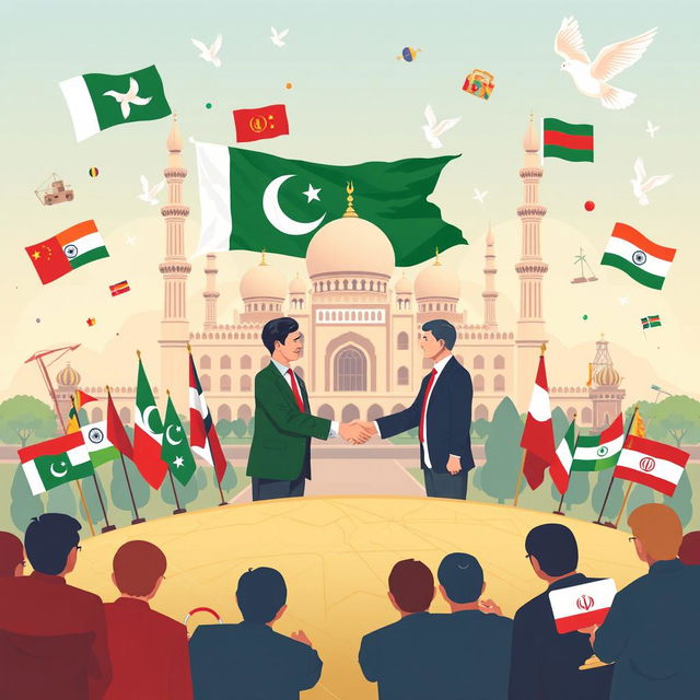 An illustrative depiction of the foreign policy of Pakistan, showcasing important elements such as diplomats shaking hands, representing international relations