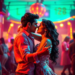 A vibrant salsa dance scene showcasing a cute 18-year-old girl inspired by Indian actress Ileana, dancing passionately with a handsome man in a lively atmosphere