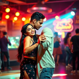 A vibrant salsa dance scene showcasing a cute 18-year-old girl inspired by Indian actress Ileana, dancing passionately with a handsome man in a lively atmosphere
