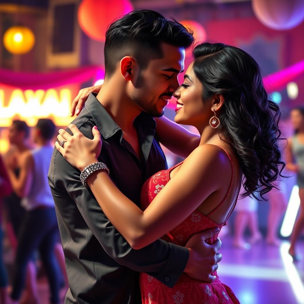 A vibrant salsa dance scene showcasing a cute 18-year-old girl inspired by Indian actress Ileana, dancing passionately with a handsome man in a lively atmosphere