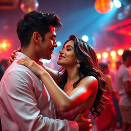 A vibrant salsa dance scene showcasing a cute 18-year-old girl inspired by Indian actress Ileana, dancing passionately with a handsome man in a lively atmosphere