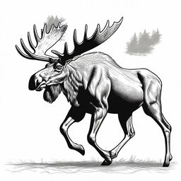 A highly detailed, realistic illustration of a full-bodied moose, illustrated merely by a black contour, shown in either leaping or walking motion, set against a pure white backdrop