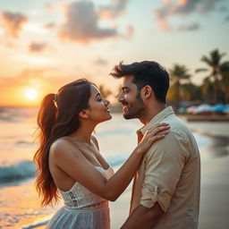 A romantic scene at a beautiful beach resort featuring a cute 18-year-old girl inspired by Indian actress Ileana