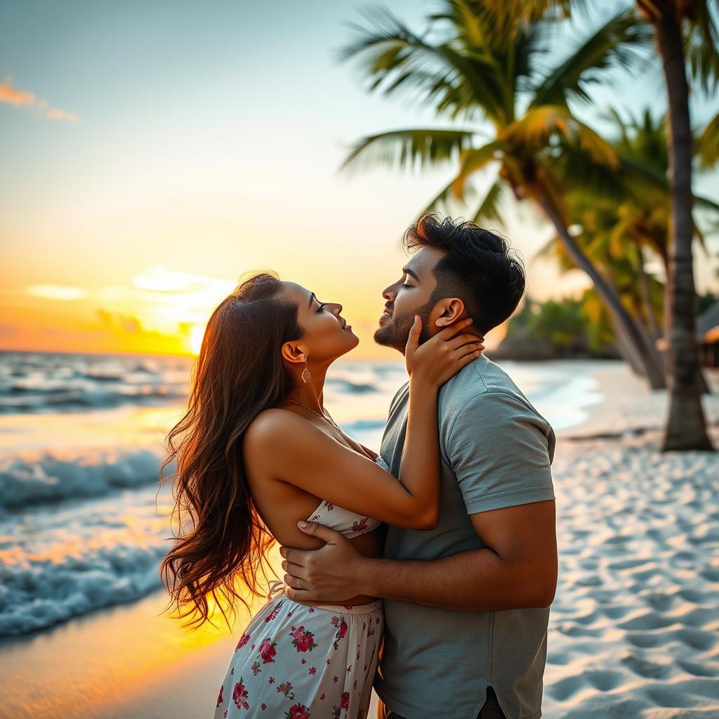 A romantic scene at a beautiful beach resort featuring a cute 18-year-old girl inspired by Indian actress Ileana