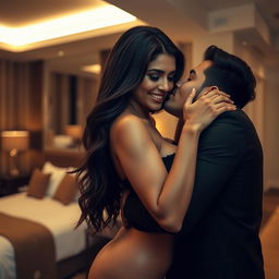 A sensual scene depicting a young attractive Indian woman in a modern hotel room, exuding confidence and allure