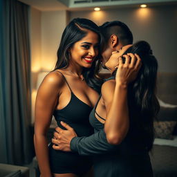 A sensual scene depicting a young attractive Indian woman in a modern hotel room, exuding confidence and allure