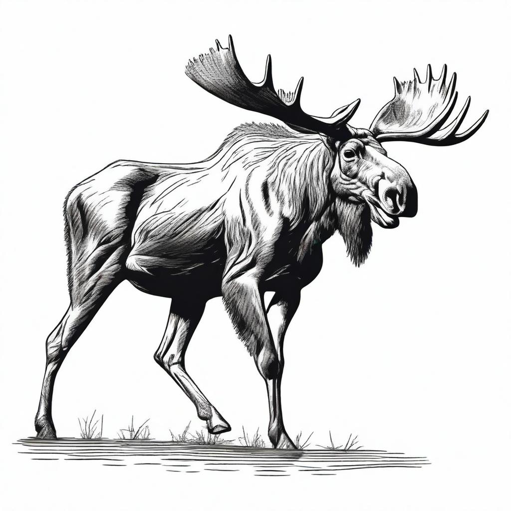 A highly detailed, realistic illustration of a full-bodied moose, illustrated merely by a black contour, shown in either leaping or walking motion, set against a pure white backdrop